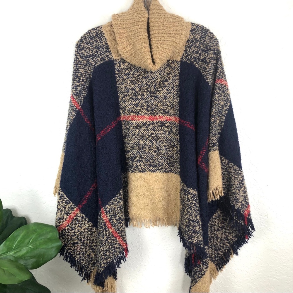 Cozy Cowl-neck Plaid Chunky Knit Poncho